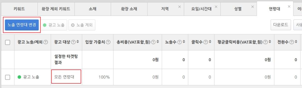 <네이버검색광고 광고그룹 연령 탭>